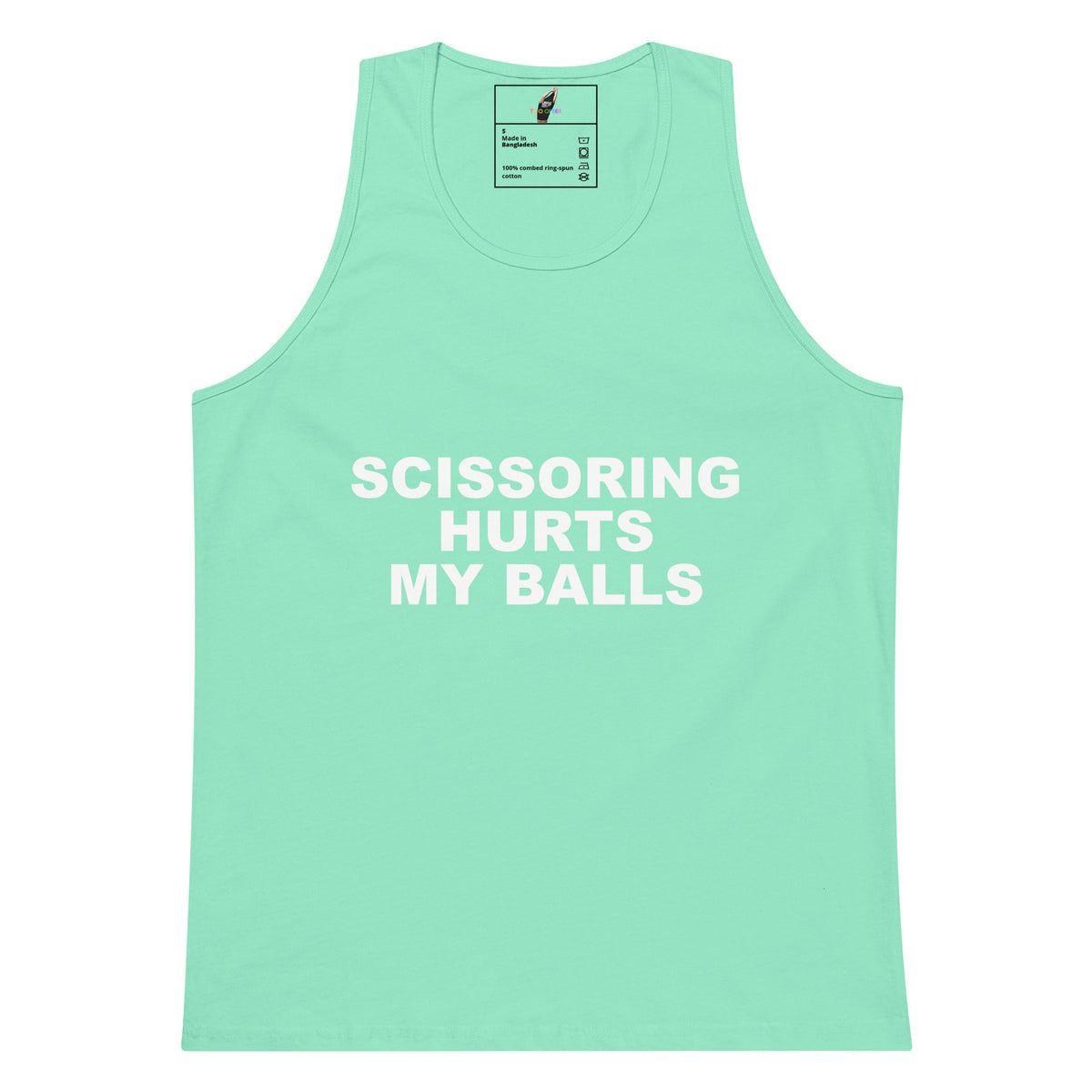 A mint green tank top with the phrase 'SCISSORING HURTS MY BALLS' printed in bold white capital letters across the chest, displayed flat against a solid white background.