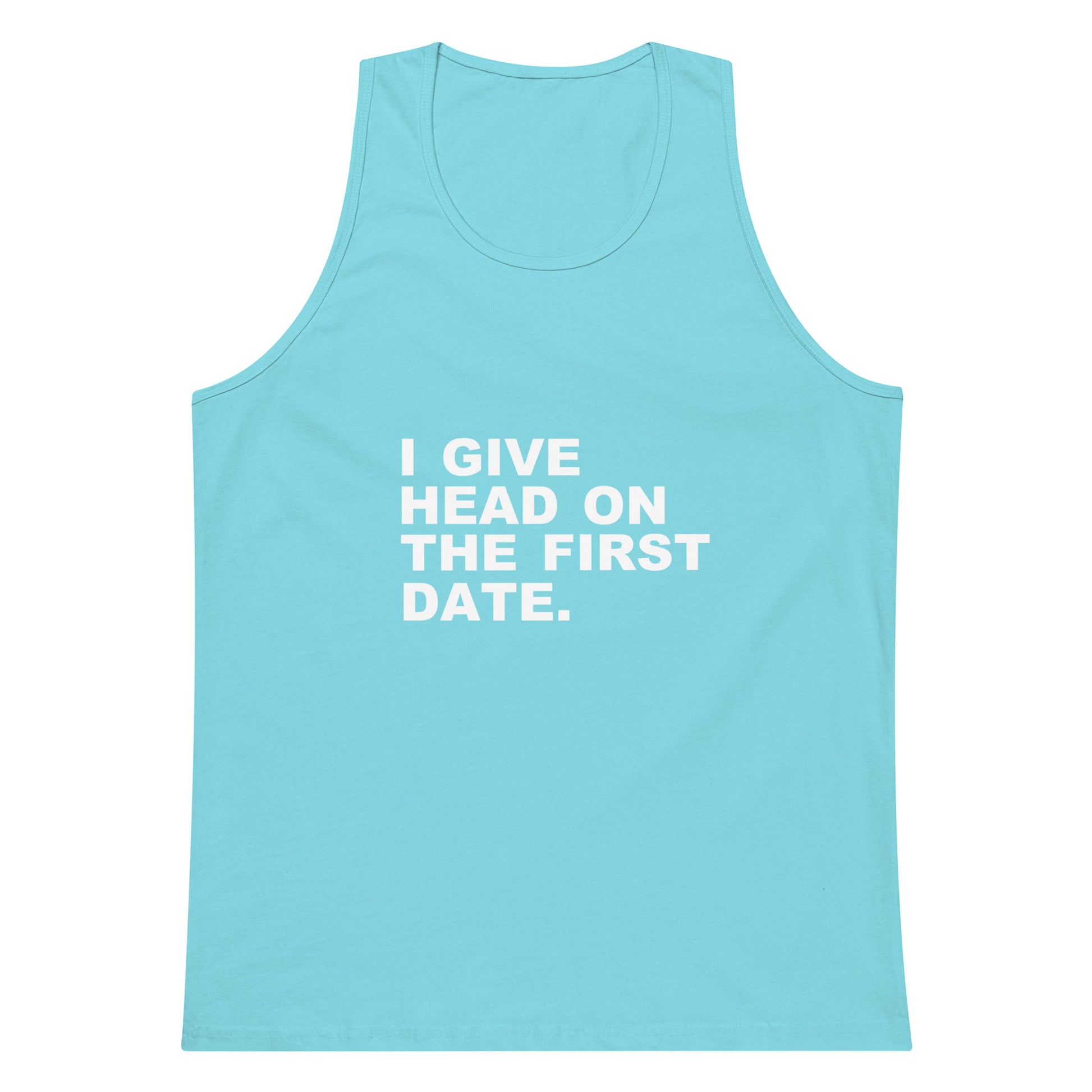 Light blue tank top with white text on a white background