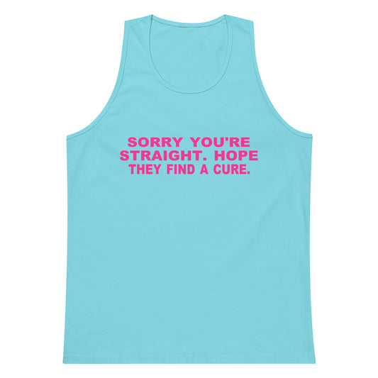 Light blue tank top with pink text on a white background