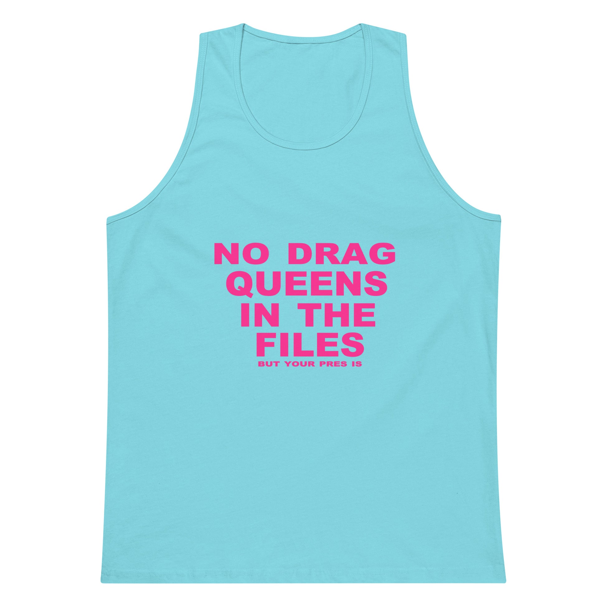 Light blue tank top with pink text on a white background