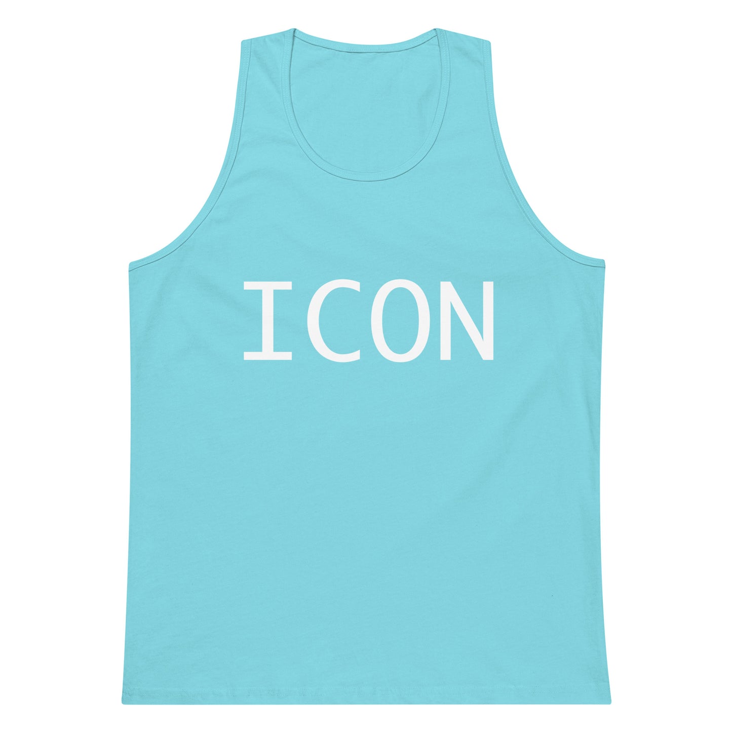 Light blue tank top with 'ICON' printed on it against a white background