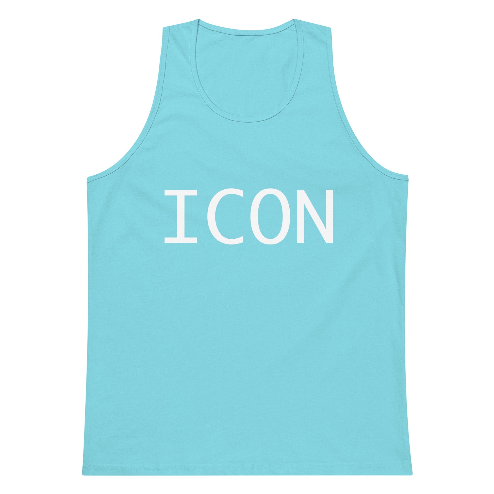 Light blue tank top with 'ICON' printed on it against a white background