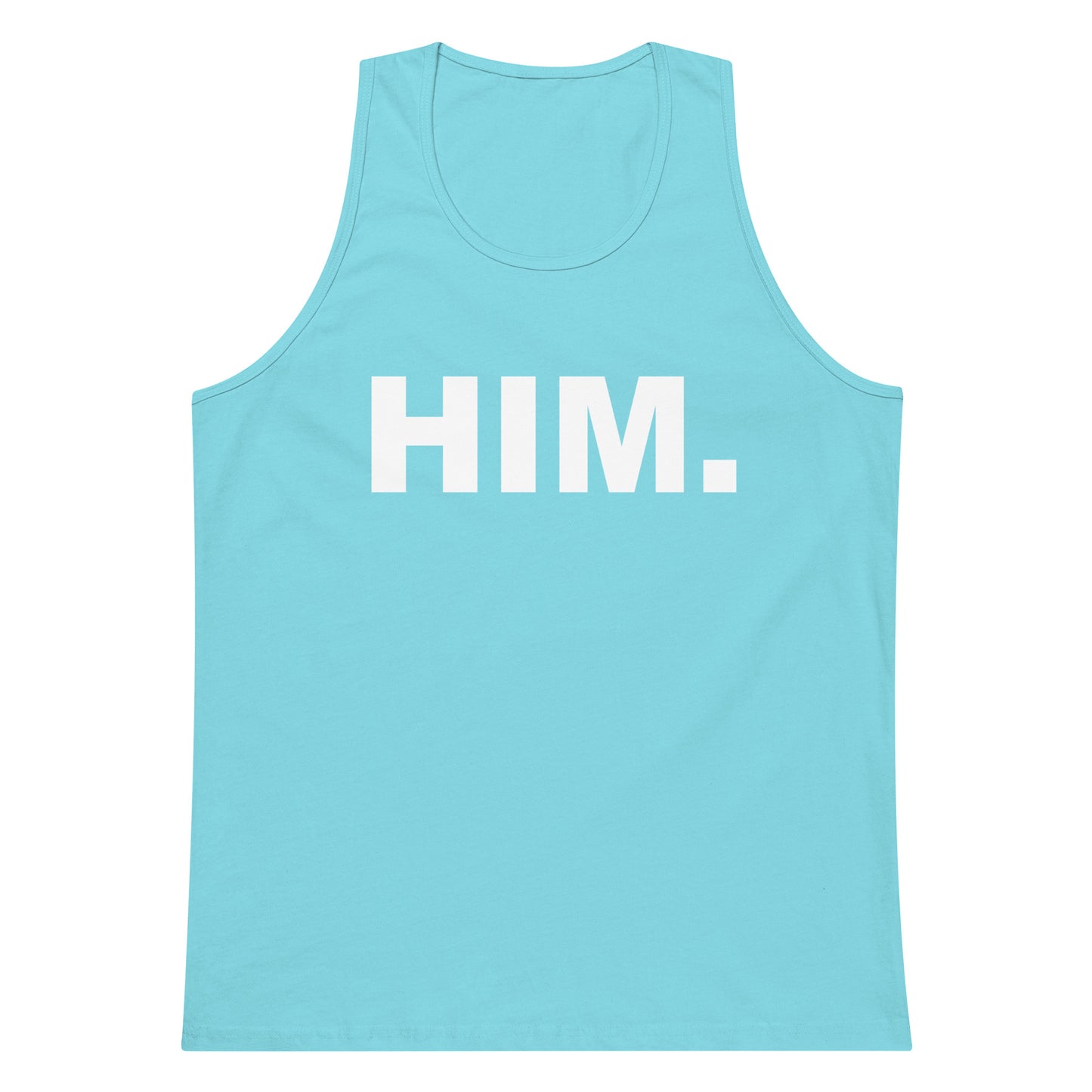A light blue tank top with the word 'HIM.' printed in bold white capital letters across the chest, shown on a plain white background.