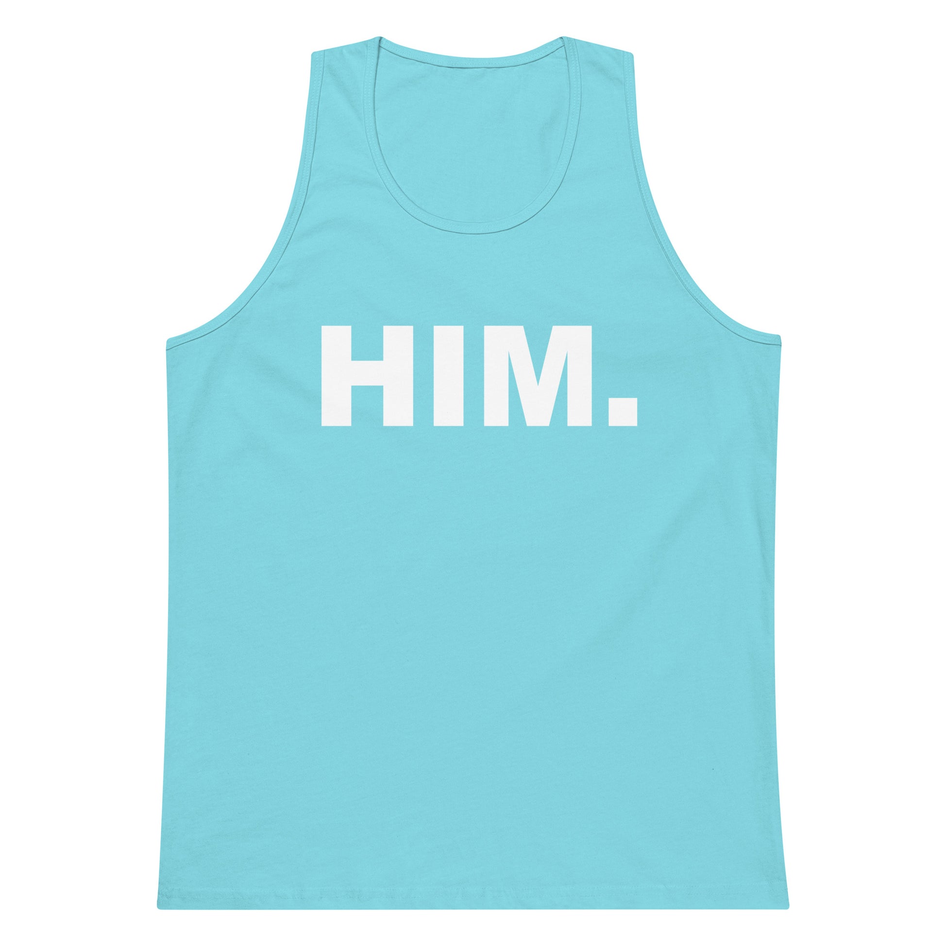 A light blue tank top with the word 'HIM.' printed in bold white capital letters across the chest, shown on a plain white background.