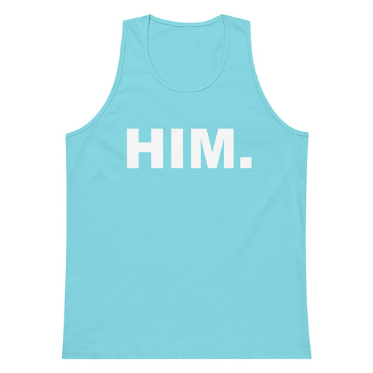 A light blue tank top with the word 'HIM.' printed in bold white capital letters across the chest, shown on a plain white background.
