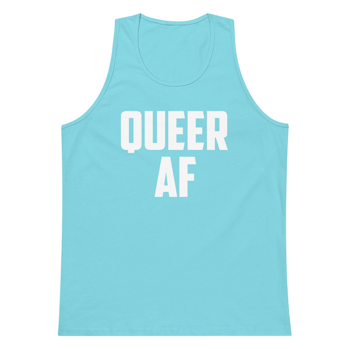 A light blue tank top with the words 'QUEER AF' printed in bold white capital letters across the chest, shown on a plain white background.
