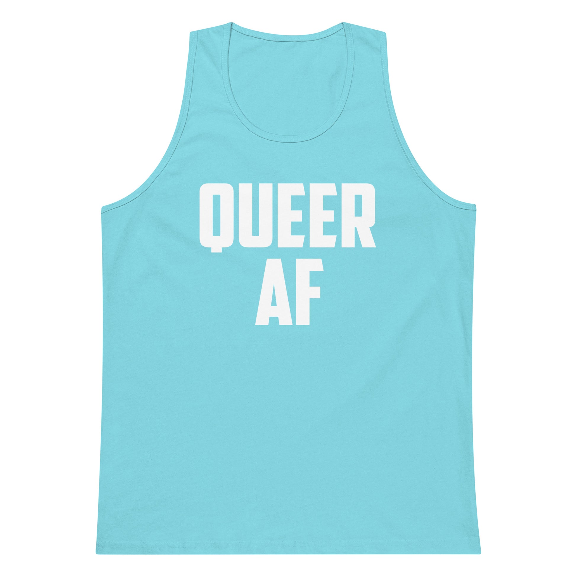 A light blue tank top with the words 'QUEER AF' printed in bold white capital letters across the chest, shown on a plain white background.