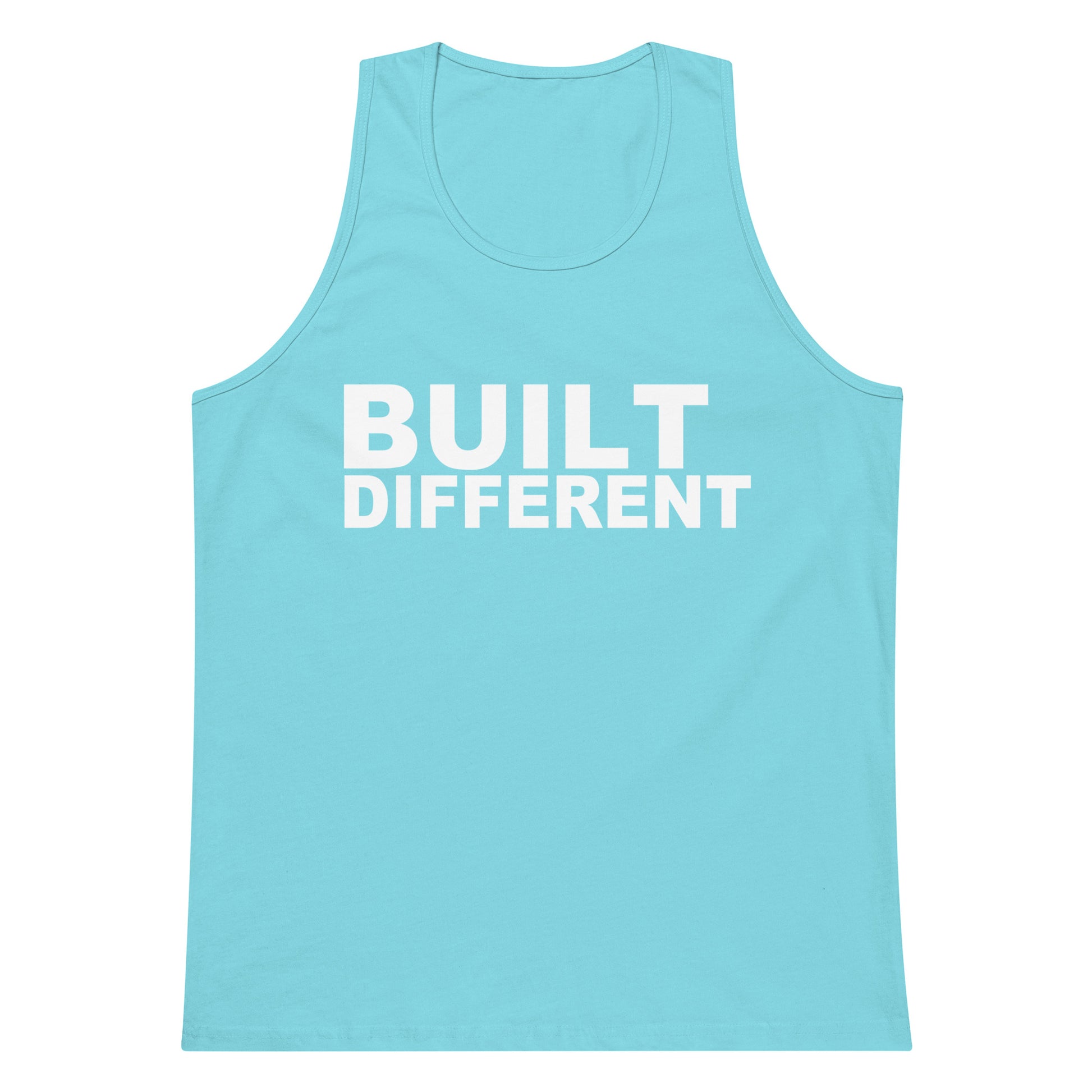 A light blue tank top with the words 'BUILT DIFFERENT' printed in bold white capital letters across the chest, displayed on a solid white background.
