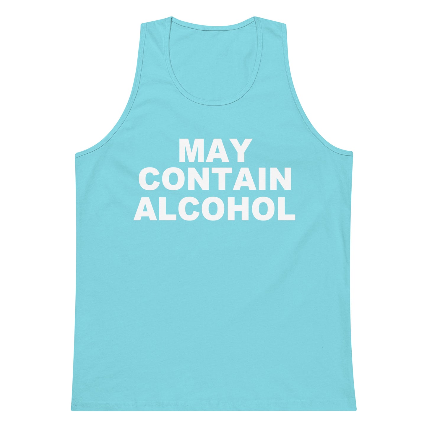 A light blue tank top with the text 'MAY CONTAIN ALCOHOL' printed in bold white capital letters on the front, displayed against a solid white background.