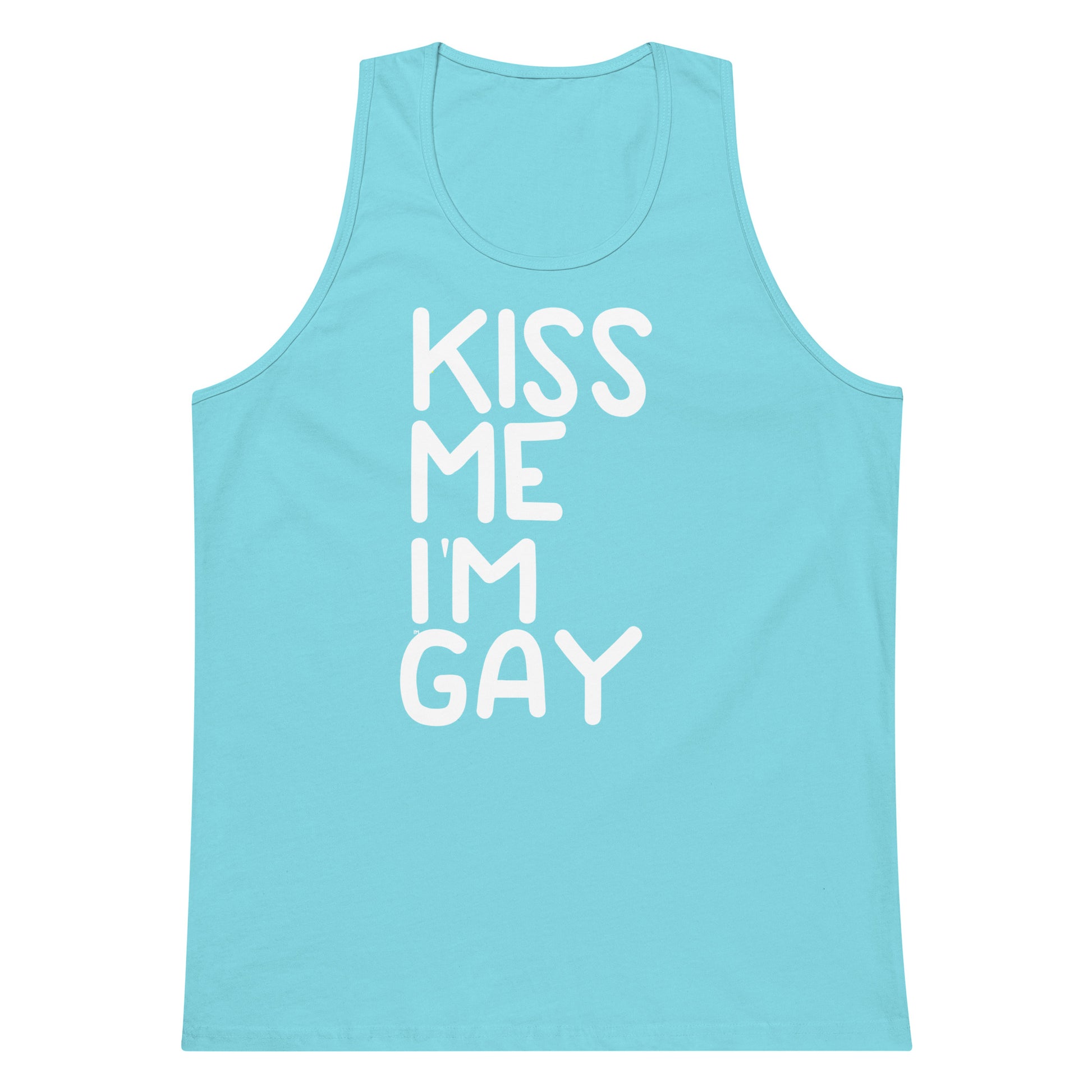 A light blue tank top with the phrase 'KISS ME I'M GAY' printed vertically in white block letters on the front, displayed against a solid white background.
