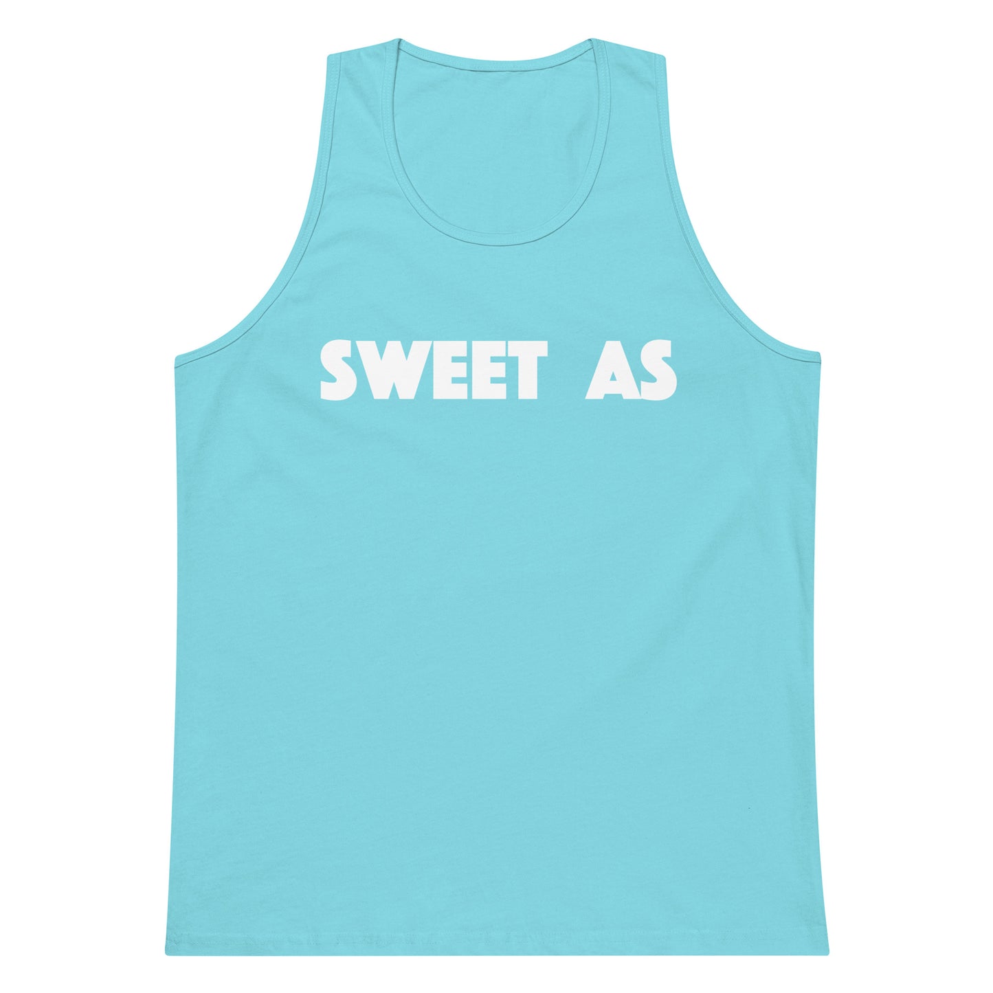 A light blue tank top with the words 'SWEET AS' printed in bold white capital letters across the chest, displayed on a solid white background.