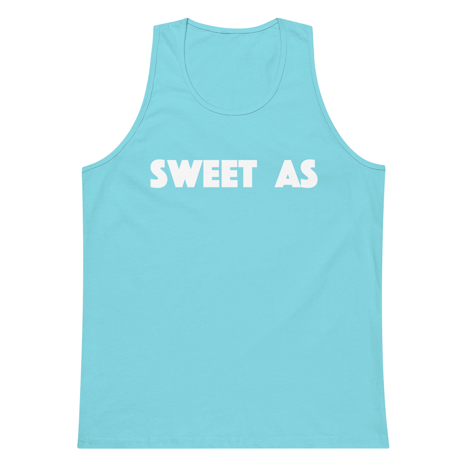 A light blue tank top with the words 'SWEET AS' printed in bold white capital letters across the chest, displayed on a solid white background.