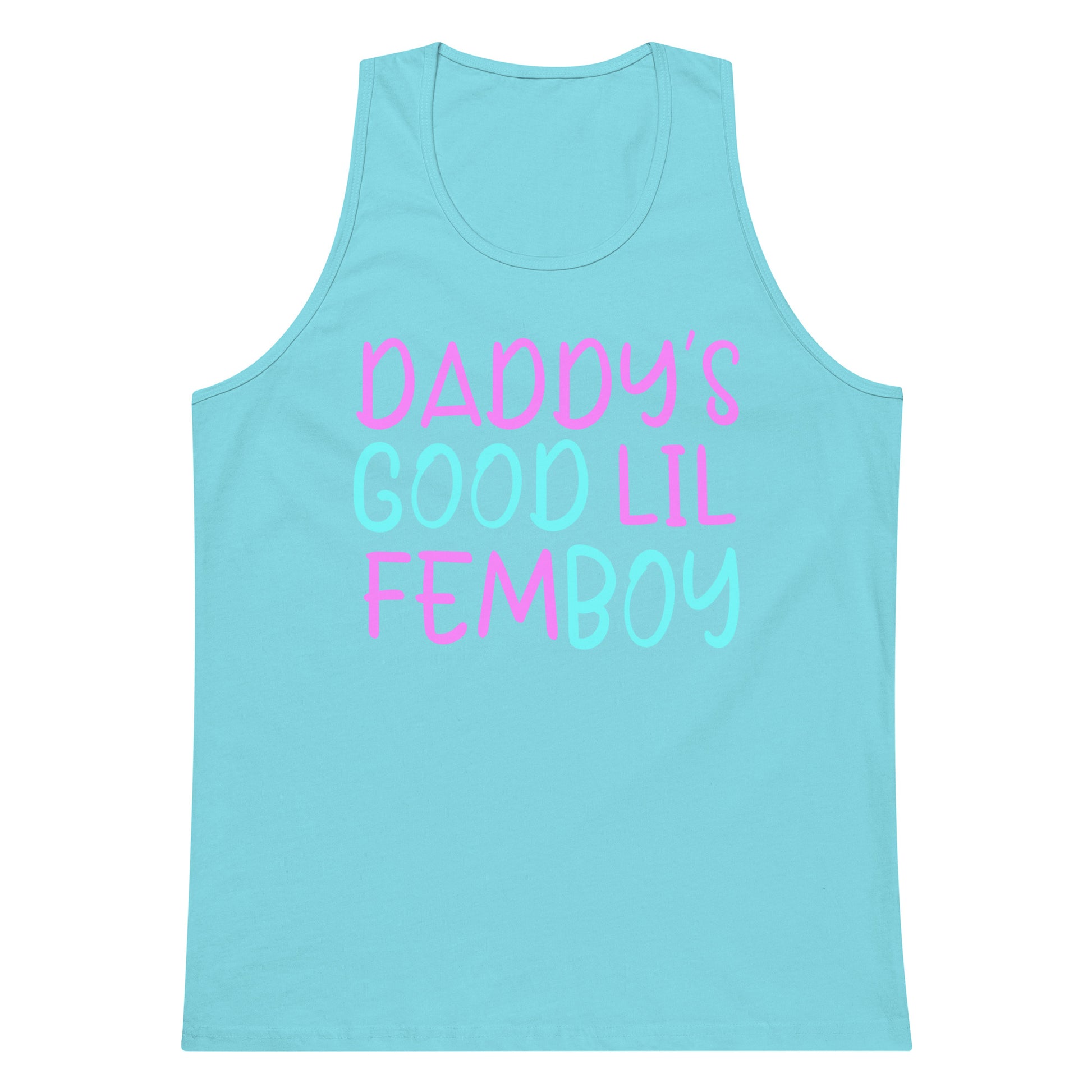 A light blue tank top with the text 'DADDY'S GOOD LIL FEMBOY' printed on the front in pink and light blue lettering, shown against a plain white background.