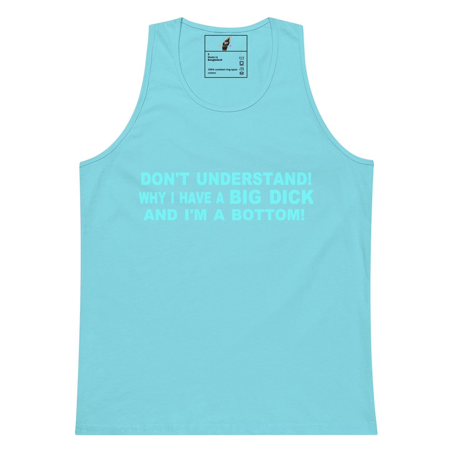 A light blue tank top with a humorous slogan printed in a matching light blue color on the front, displayed against a solid white background.