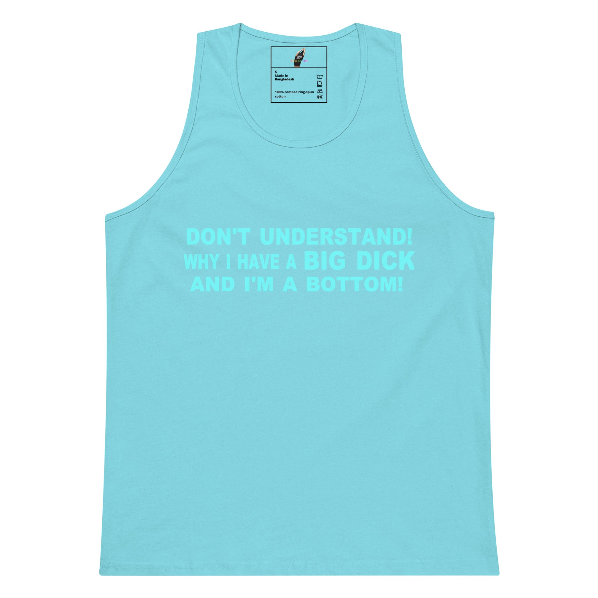 A light blue tank top with a humorous slogan printed in a matching light blue color on the front, displayed against a solid white background.