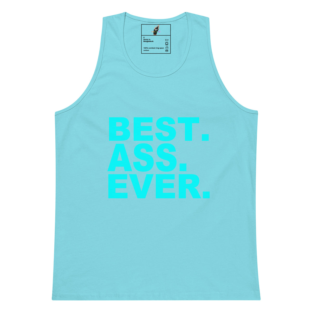 A light blue sleeveless tank top with the text 'BEST. ASS.