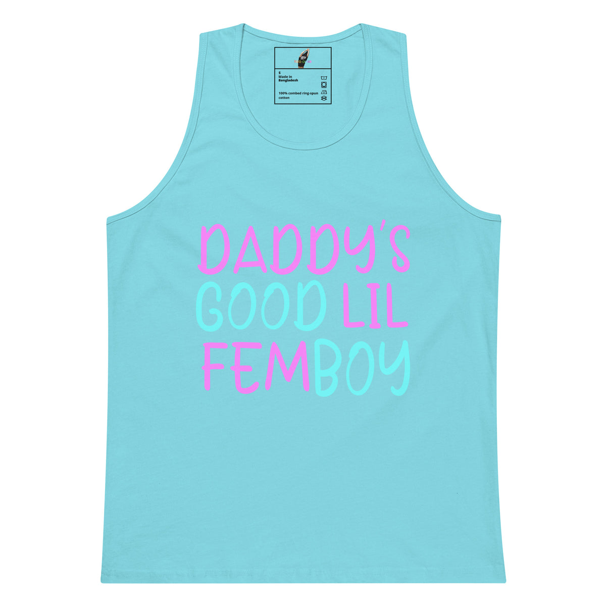 A light blue tank top featuring the text 'DADDY'S GOOD LIL FEMBOY' printed on the front in pink and light blue lettering, displayed against a solid white background.