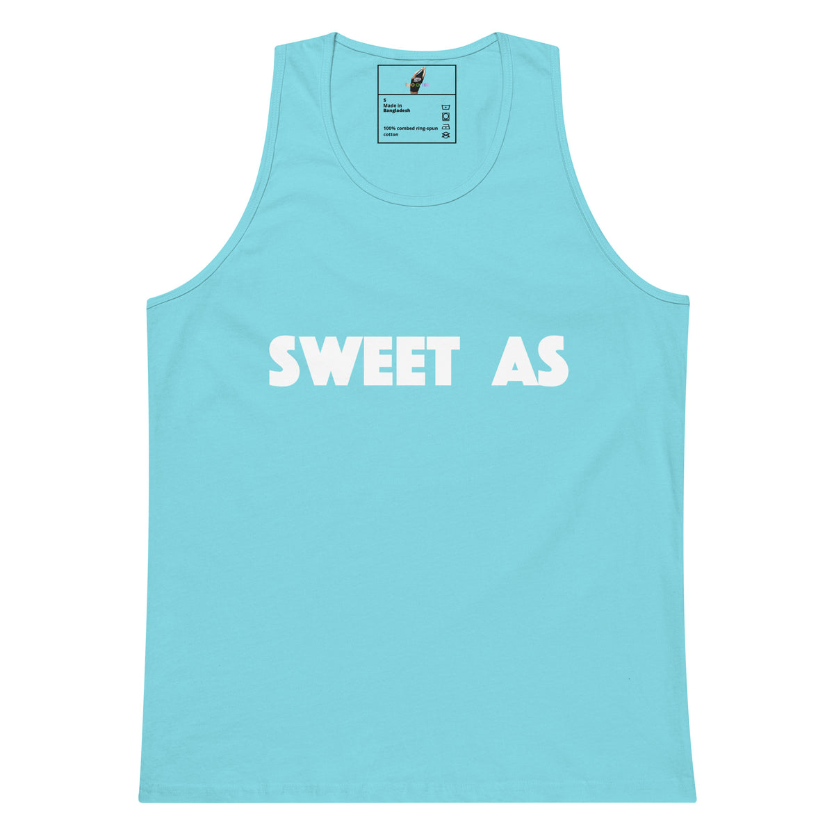 A light blue tank top with 'SWEET AS' printed in bold white capital letters across the chest, displayed flat against a white background.