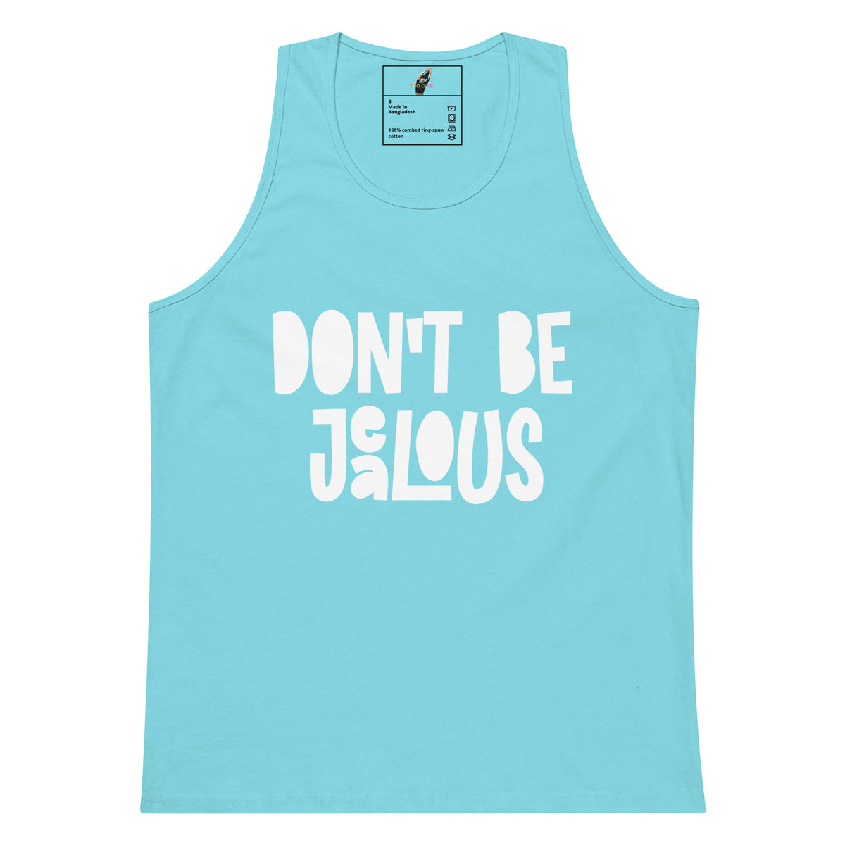 A light blue sleeveless tank top with the phrase 'DON'T BE JALOUS' printed in large white letters across the front, shown on a plain white background.