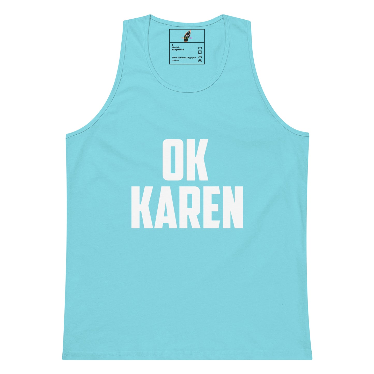 A light blue sleeveless tank top with the words 'OK KAREN' printed in bold white capital letters across the front, shown on a plain white background.