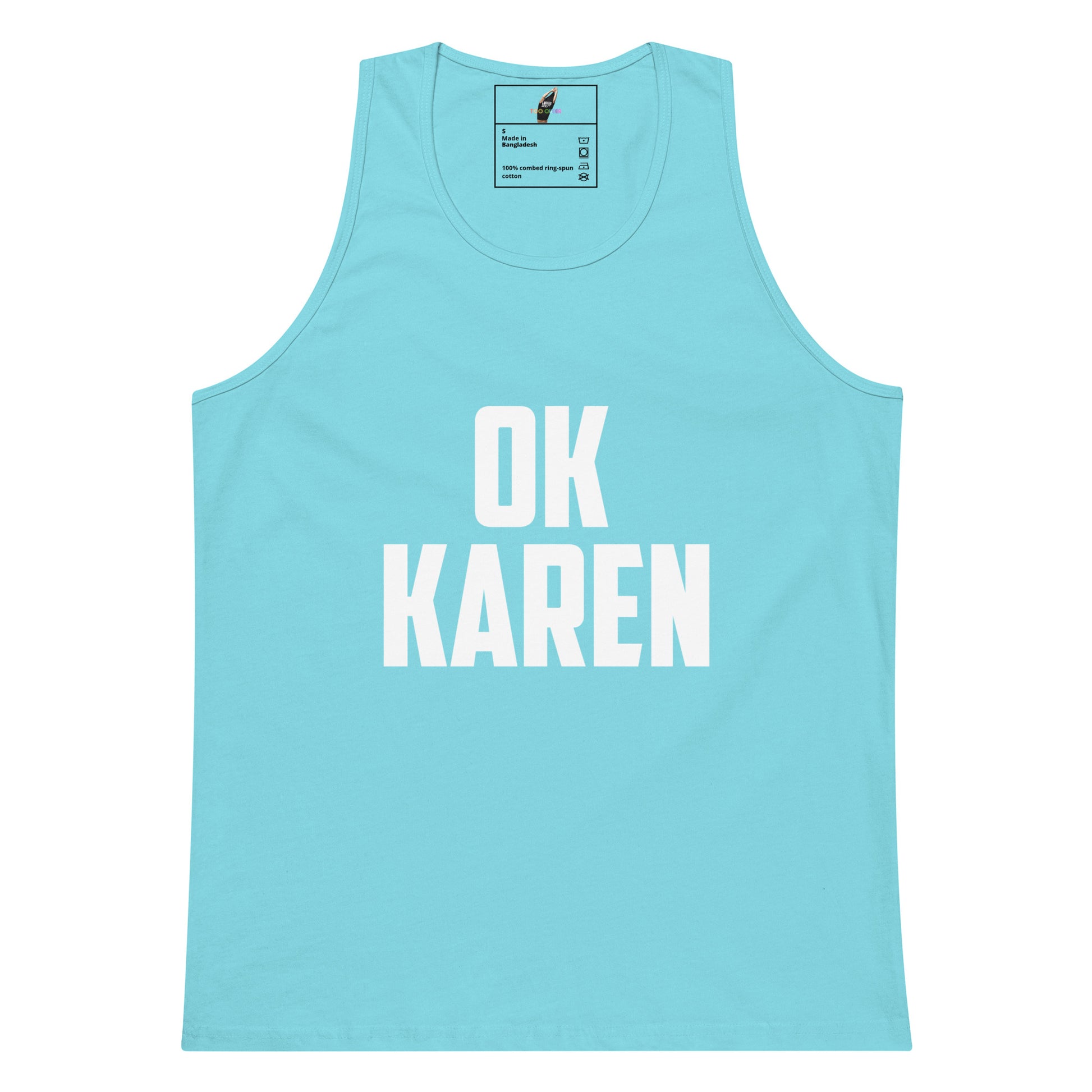 A light blue sleeveless tank top with the words 'OK KAREN' printed in bold white capital letters across the front, shown on a plain white background.