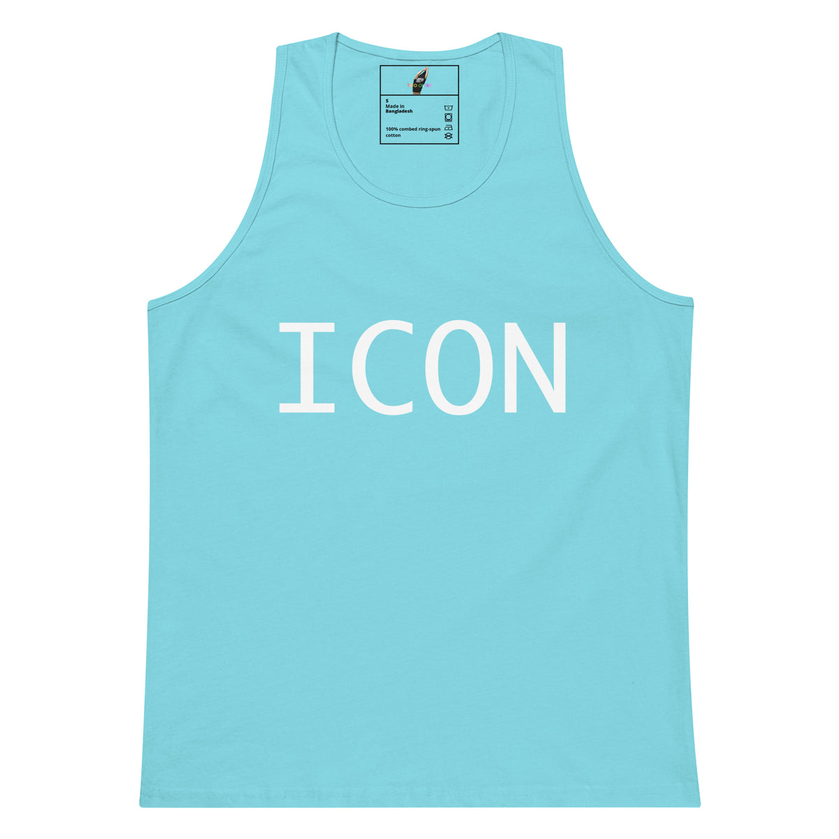 A light blue sleeveless tank top with the word 'ICON' printed in large white capital letters across the chest, shown on a plain white background.