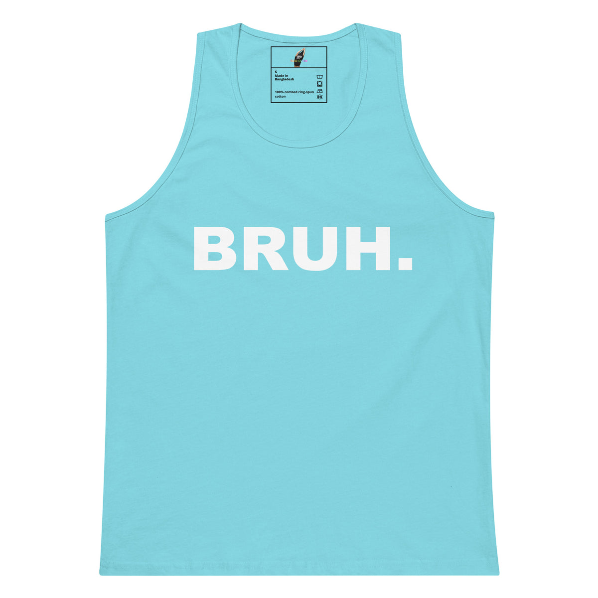 A light blue tank top with the word 'BRUH.' printed in bold white capital letters across the chest, displayed flat against a white background.