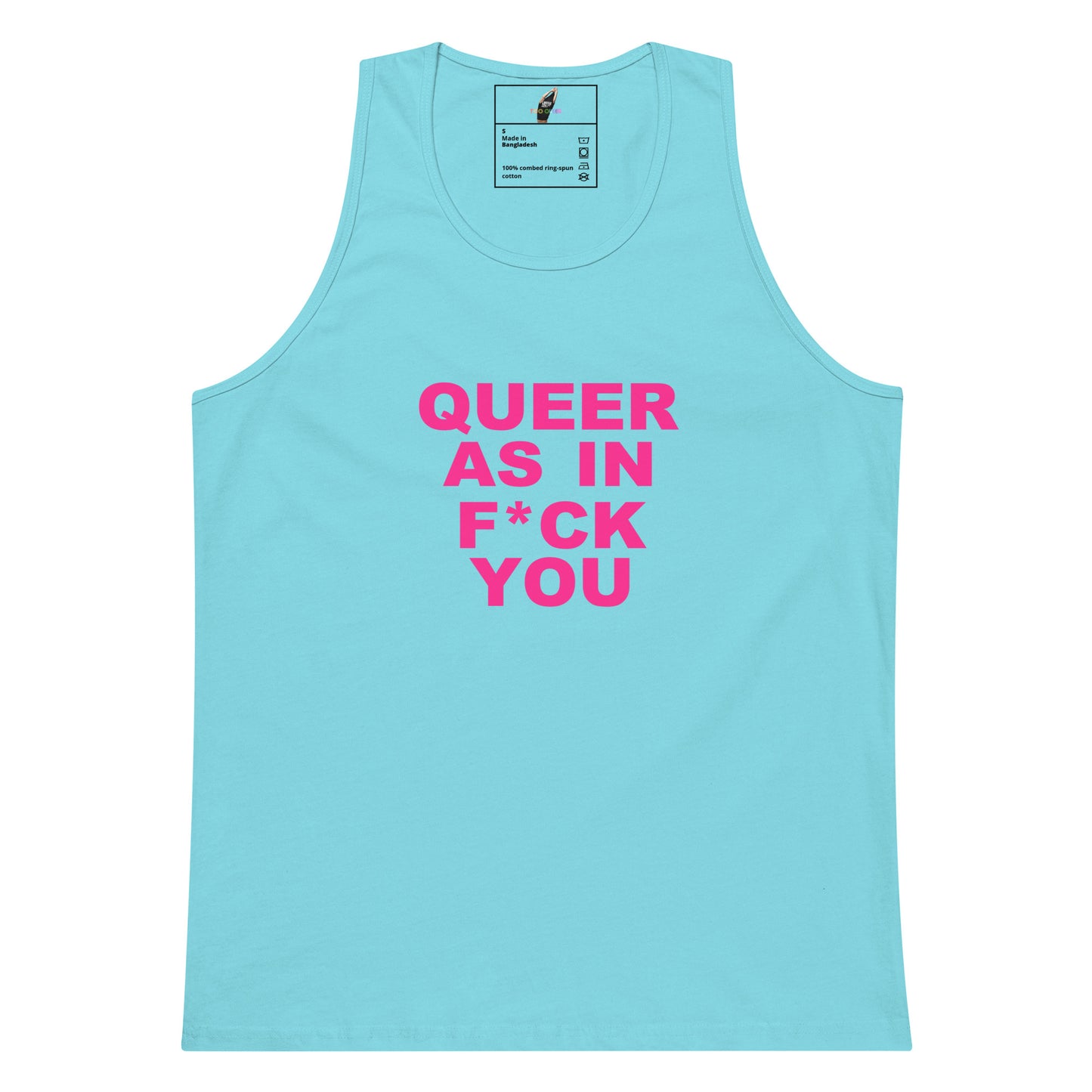 A light blue tank top with bold pink text on the front reading 'QUEER AS IN F*CK YOU'.