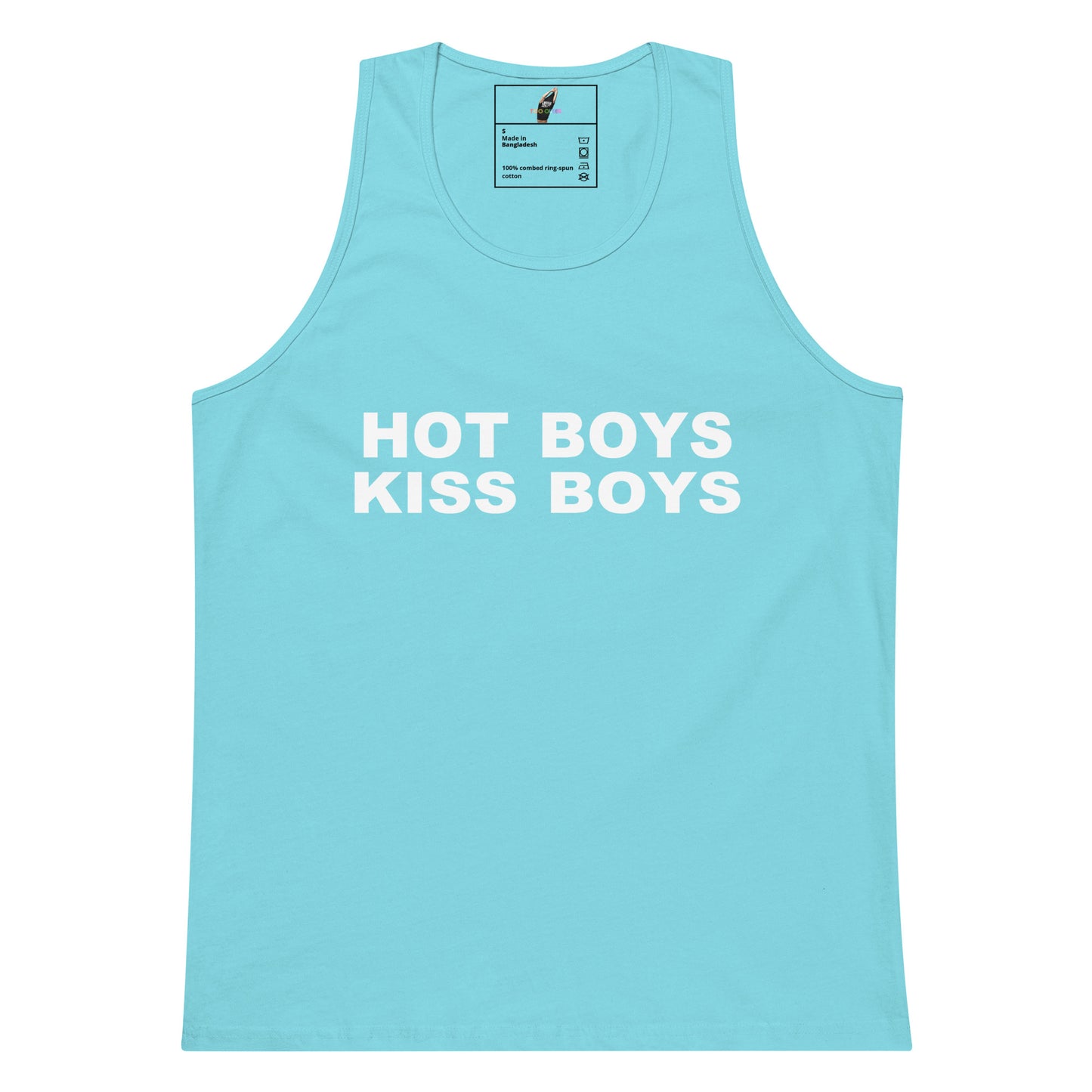A light blue tank top with the phrase 'HOT BOYS KISS BOYS' printed in bold white capital letters across the chest, displayed flat against a plain white background.