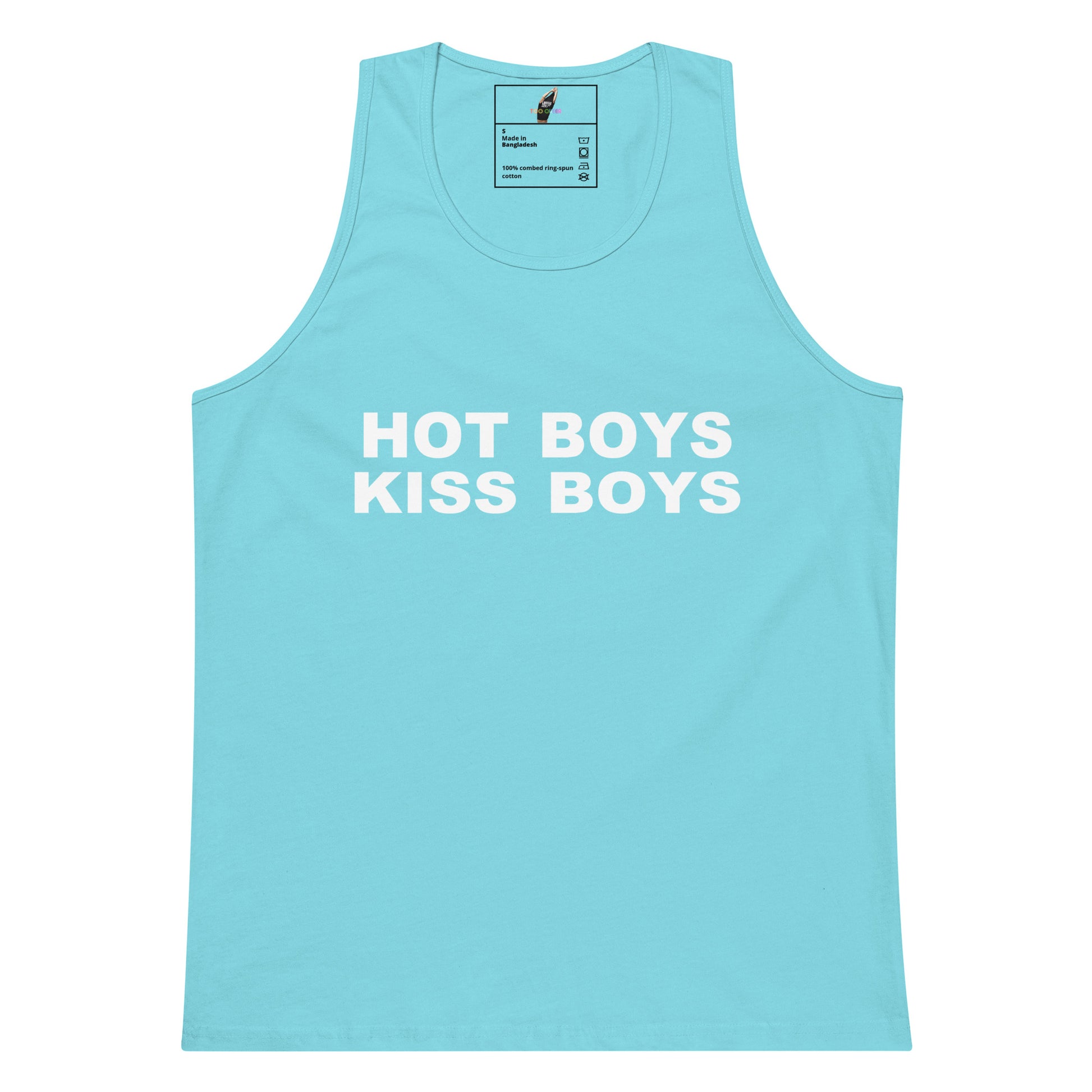 A light blue tank top with the phrase 'HOT BOYS KISS BOYS' printed in bold white capital letters across the chest, displayed flat against a plain white background.
