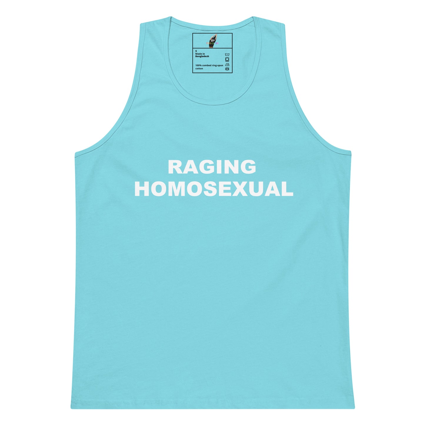 A light blue tank top with the words 'RAGING HOMOSEXUAL' printed in bold white capital letters across the chest, displayed flat against a solid white background.