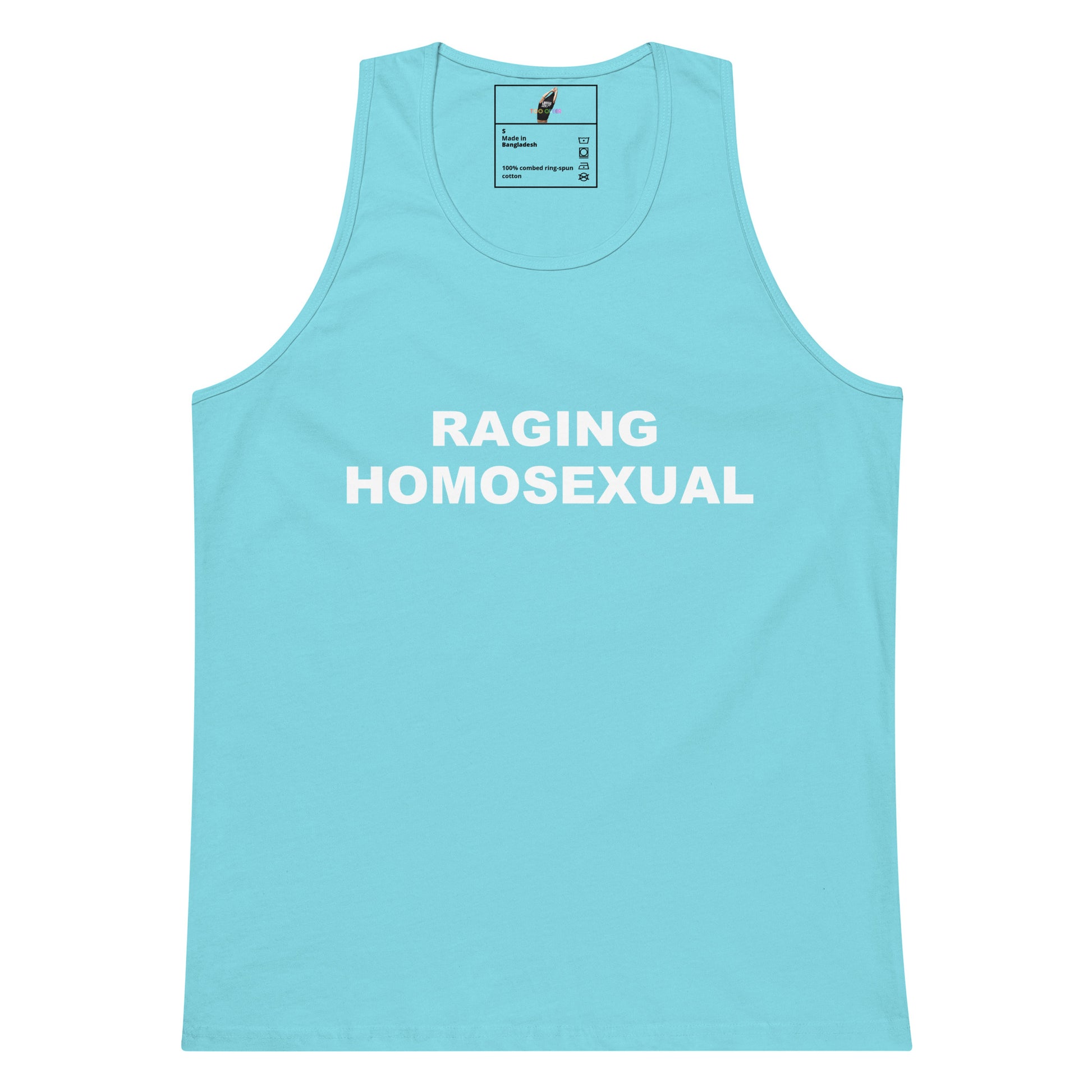 A light blue tank top with the words 'RAGING HOMOSEXUAL' printed in bold white capital letters across the chest, displayed flat against a solid white background.