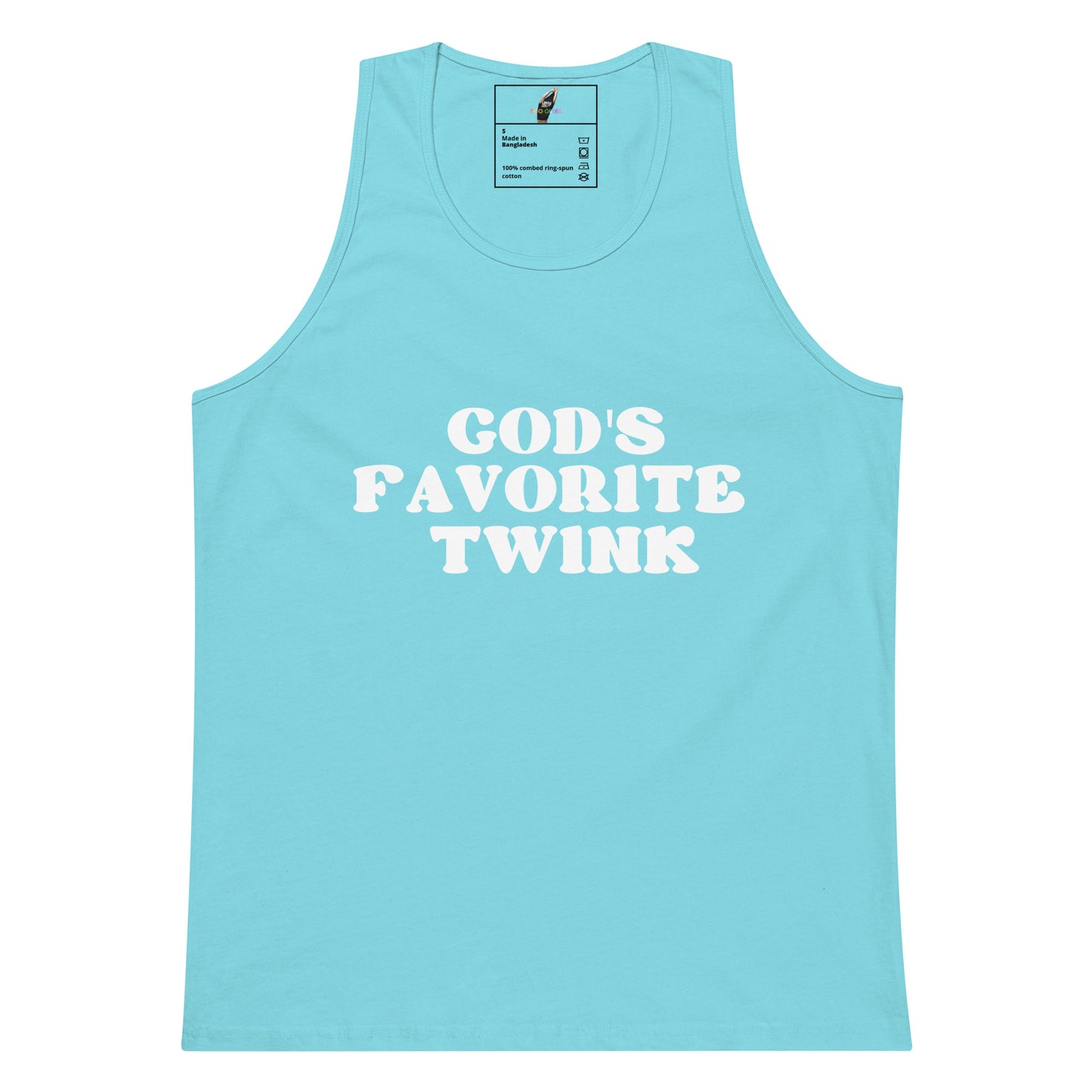 A light blue sleeveless tank top with the phrase 'GOD'S FAVORITE TWINK' printed in bold white capital letters across the chest, shown flat against a plain white background.