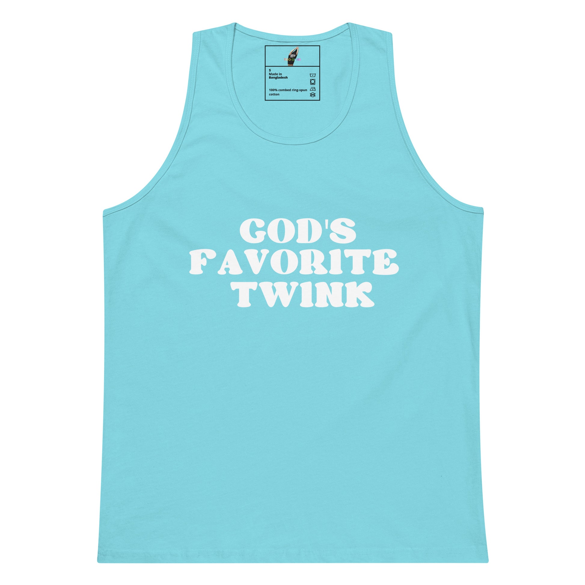 A light blue sleeveless tank top with the phrase 'GOD'S FAVORITE TWINK' printed in bold white capital letters across the chest, shown flat against a plain white background.