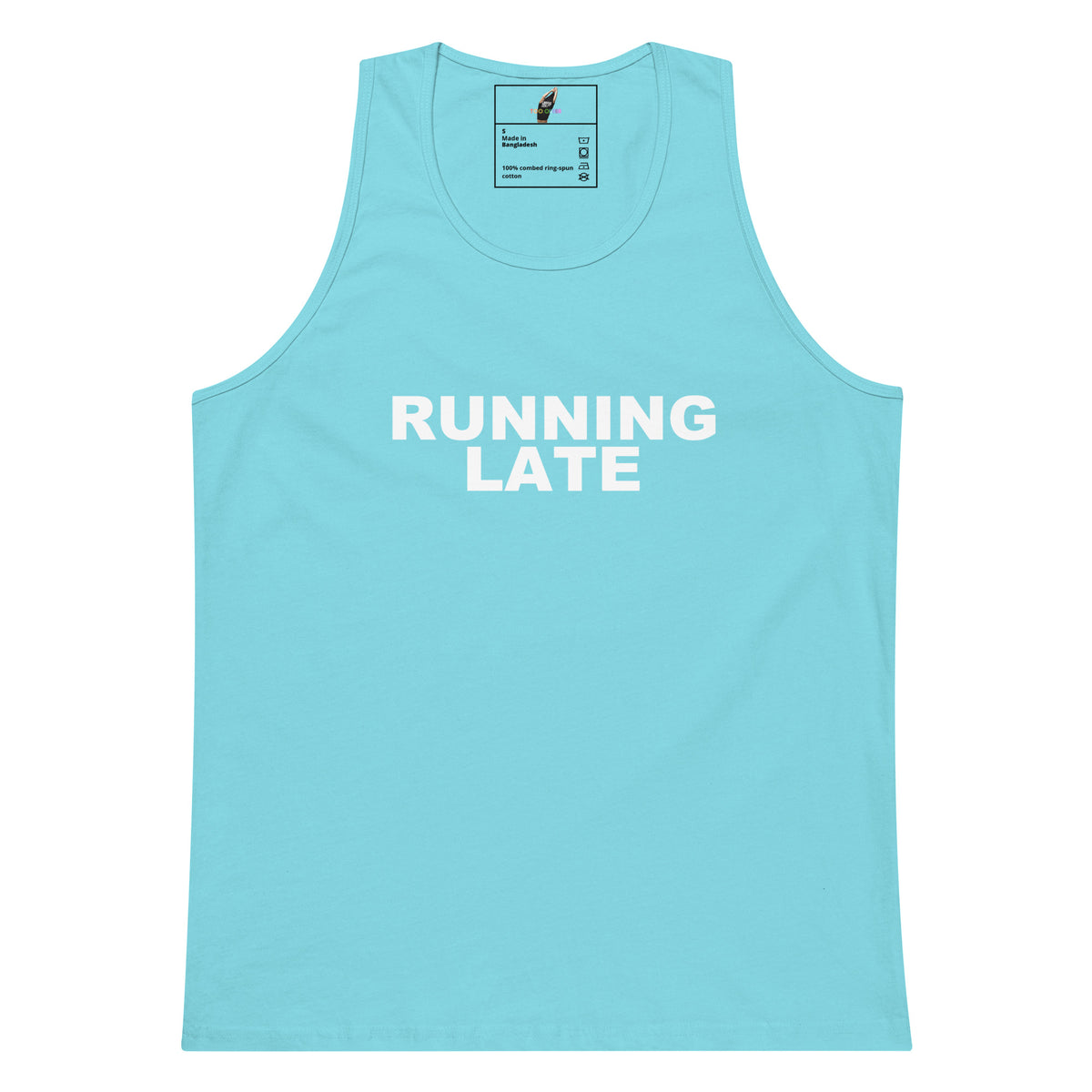 A light blue athletic tank top with the words 'RUNNING LATE' printed in white across the chest, displayed flat against a white background.