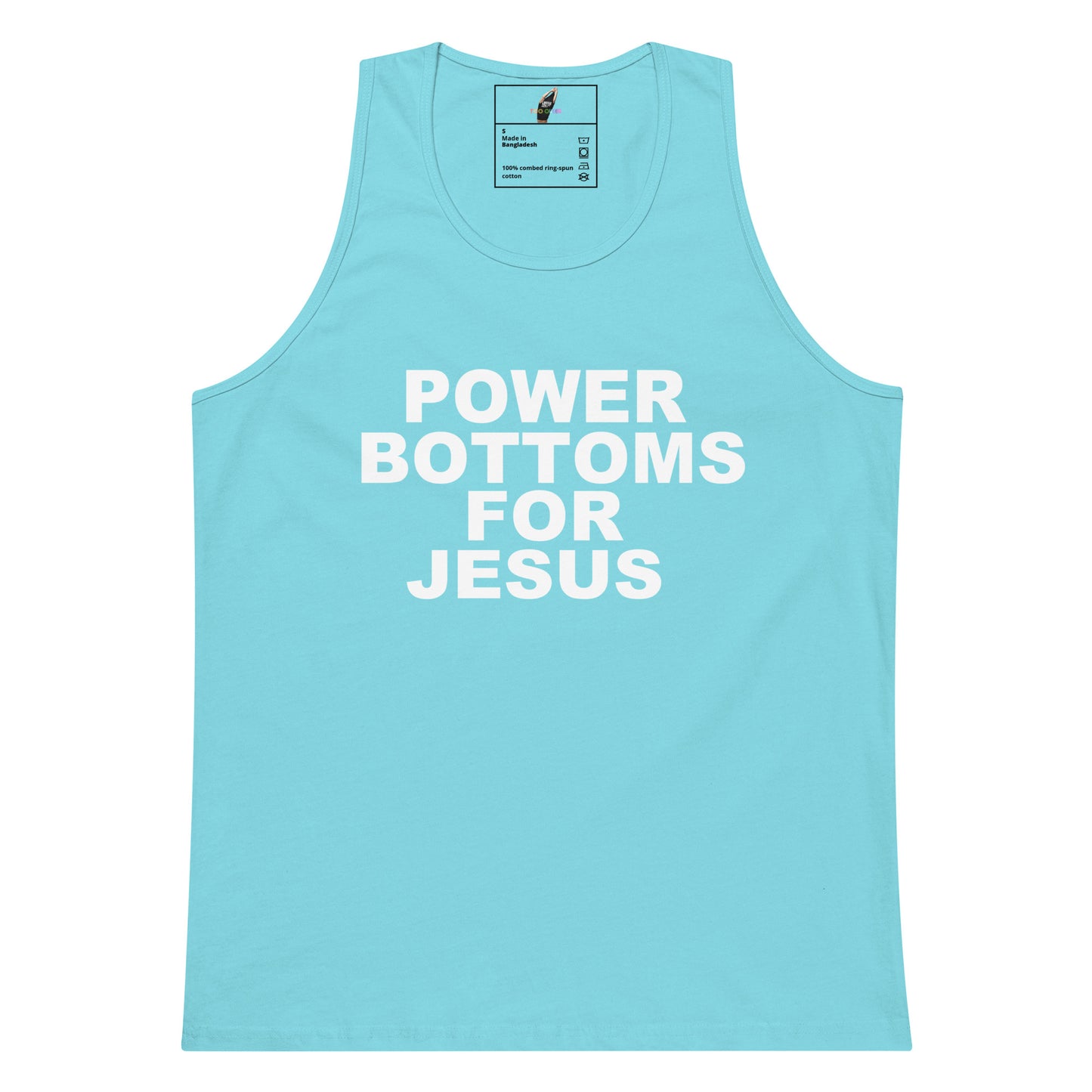 A light blue tank top with the slogan 'POWER BOTTOMS FOR JESUS' printed in bold white capital letters across the chest, displayed flat against a white background.