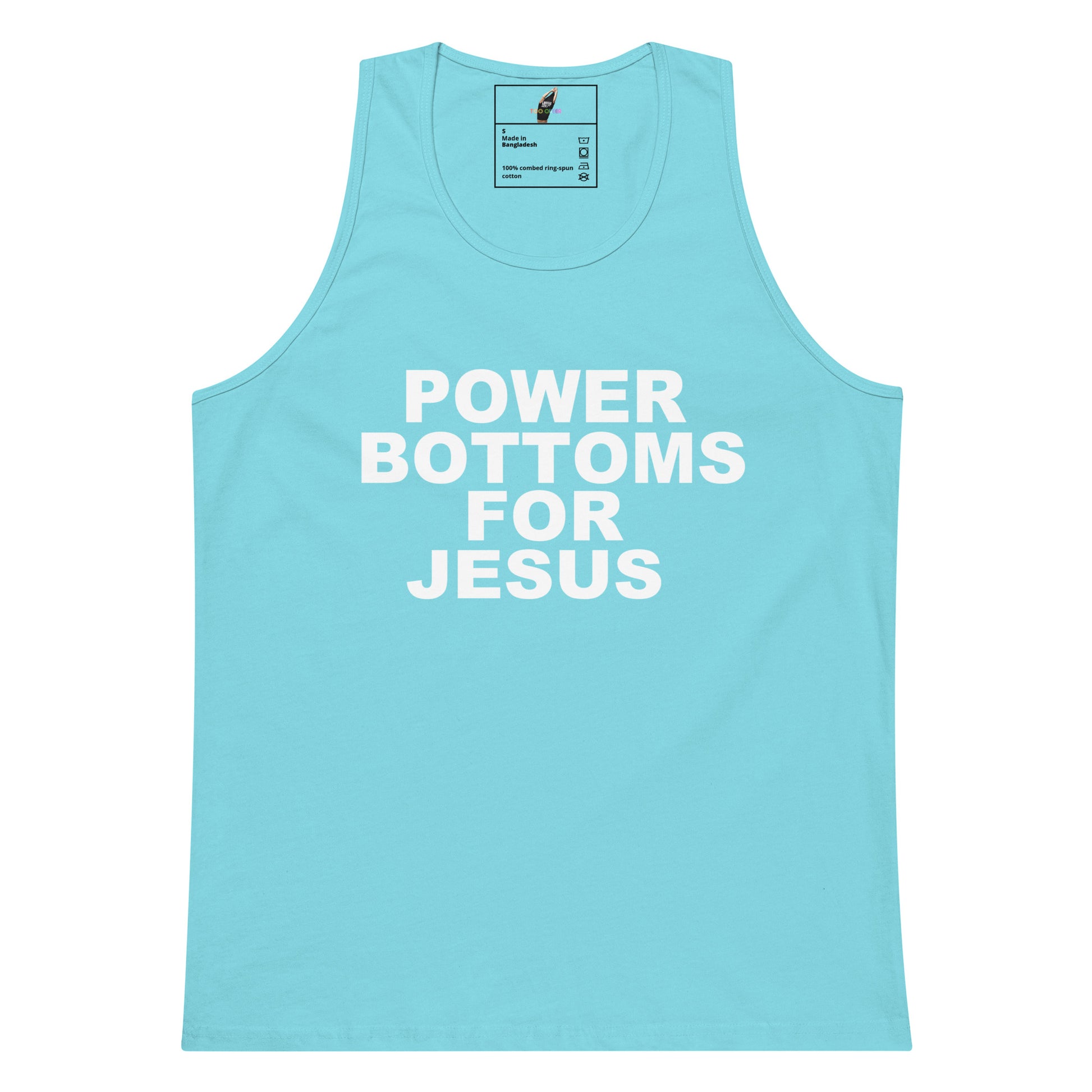 A light blue tank top with the slogan 'POWER BOTTOMS FOR JESUS' printed in bold white capital letters across the chest, displayed flat against a white background.