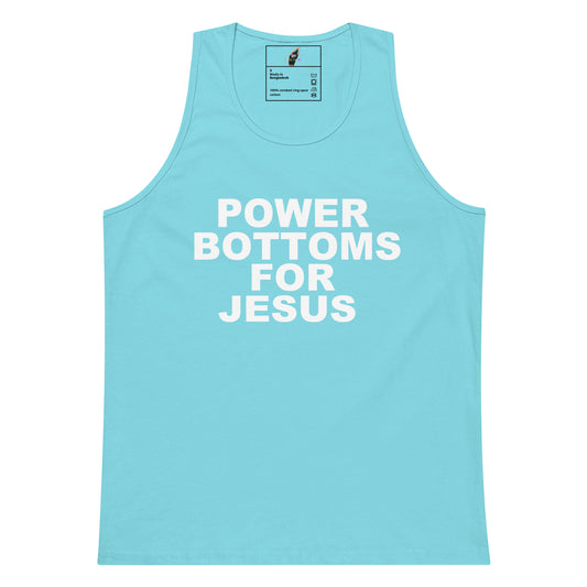A light blue tank top with the slogan 'POWER BOTTOMS FOR JESUS' printed in bold white capital letters across the chest, displayed flat against a white background.