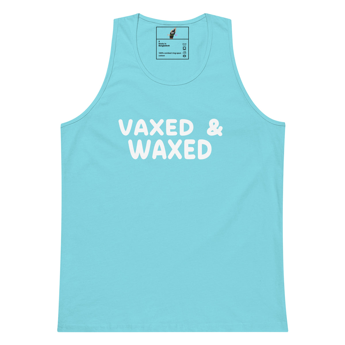 A light blue tank top with 'VAXED & WAXED' printed in bold white letters across the chest, displayed flat against a solid white background.