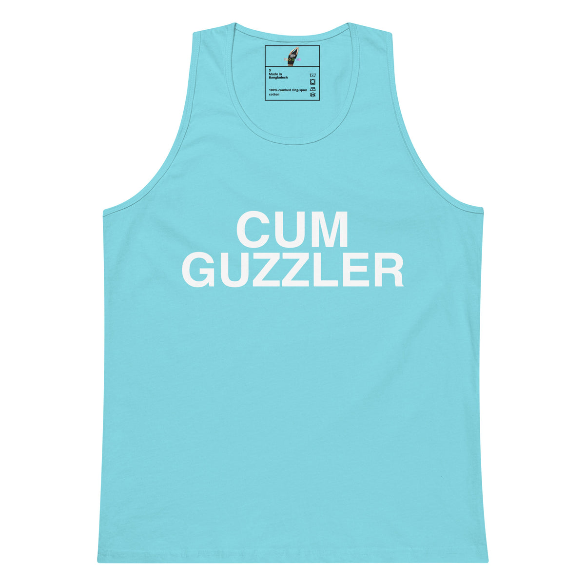 A light blue tank top with the words 'CUM GUZZLER' printed in bold white capital letters across the chest, displayed flat against a white background.