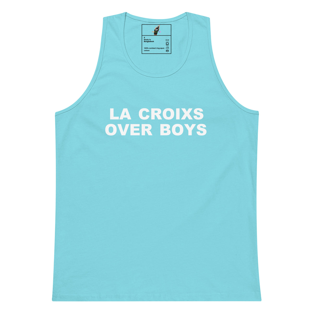 A light blue tank top with the phrase 'LA CROIXS OVER BOYS' printed in bold white capital letters across the chest, displayed flat against a white background.