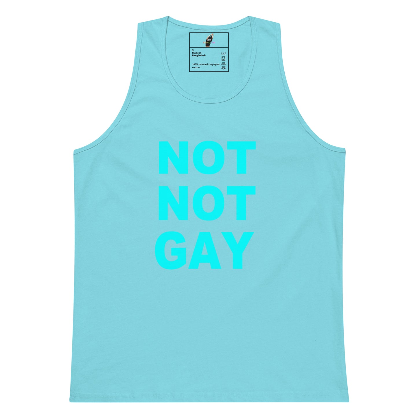 A light blue tank top with the words 'NOT NOT GAY' printed in a matching light blue font on the front, displayed against a solid white background.