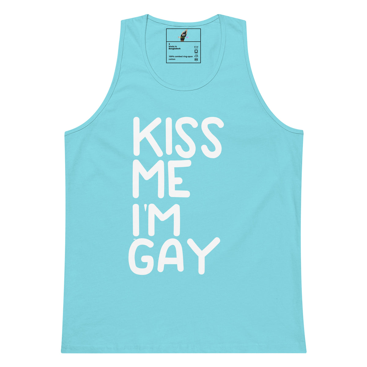 A light blue tank top with the phrase 'KISS ME I'M GAY' printed in large white letters on the front, shown against a plain white background.