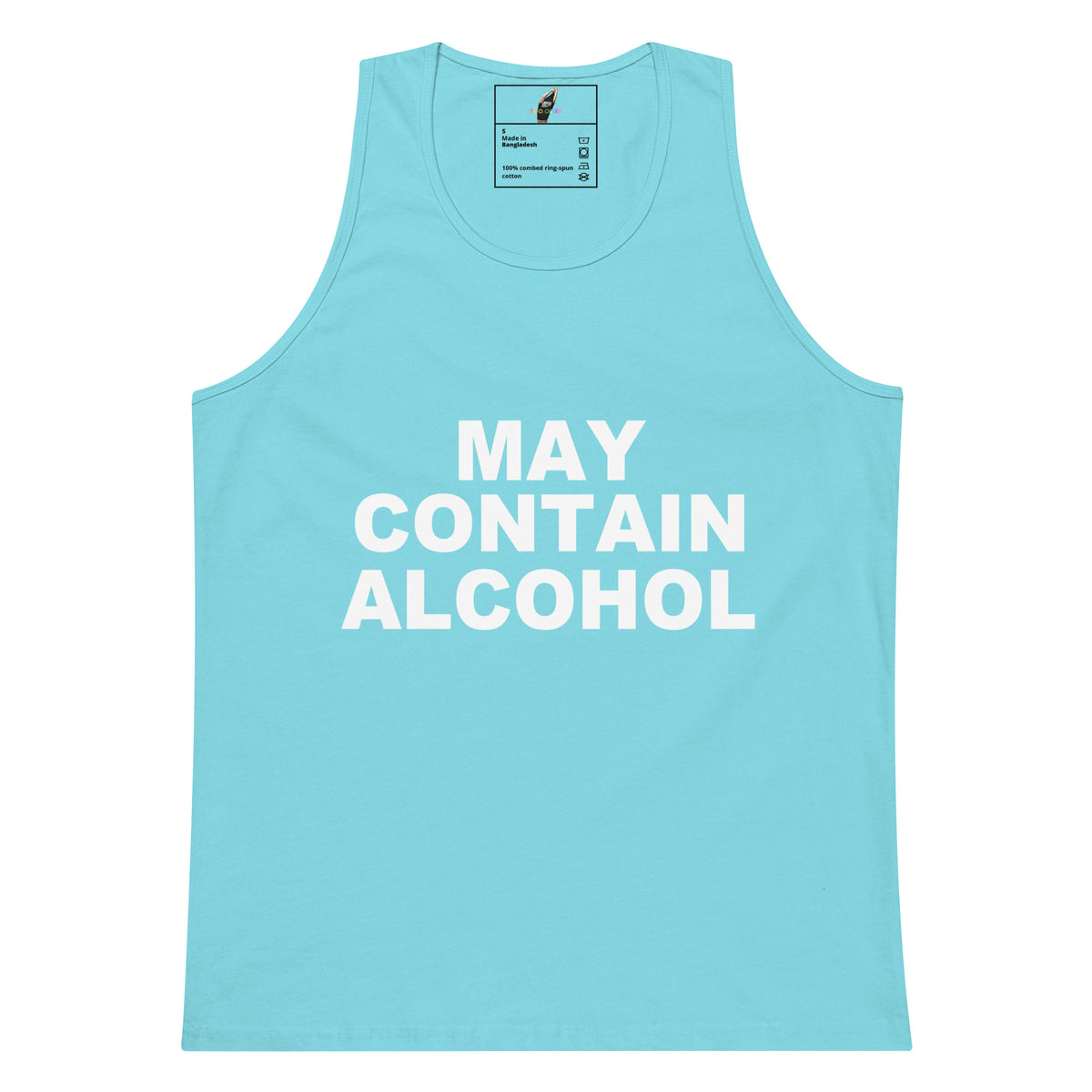 A light blue tank top with the text 'MAY CONTAIN ALCOHOL' printed in bold white capital letters on the front, displayed against a solid white background.