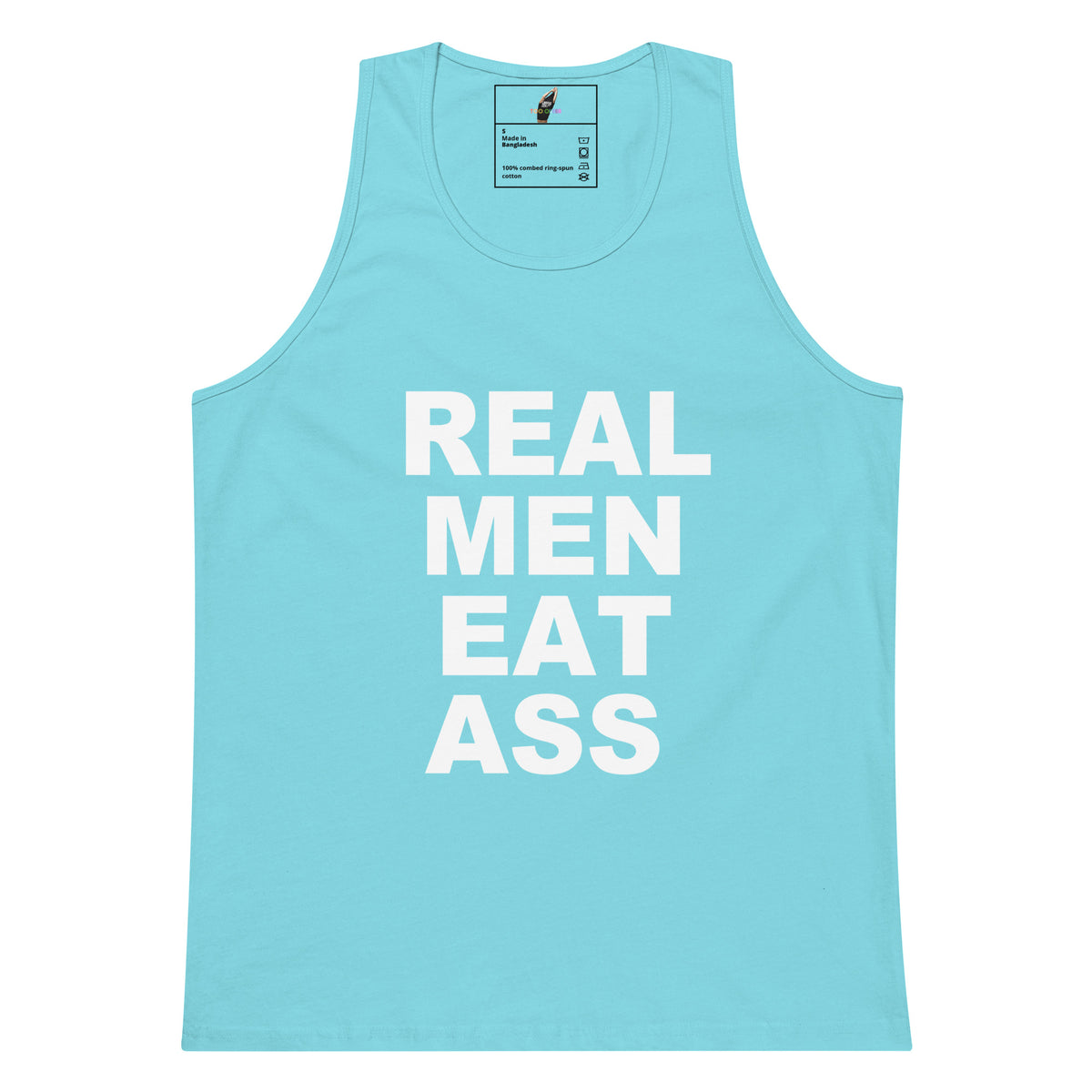A light blue tank top with the phrase 'REAL MEN EAT ASS' printed in bold white capital letters on the front, displayed against a solid white background.