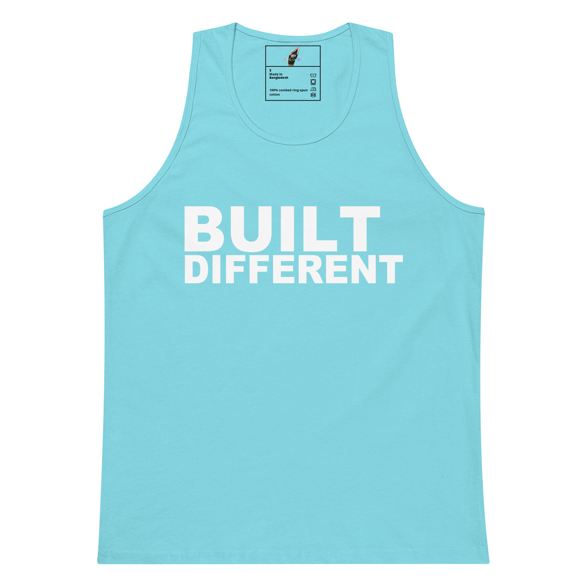 A light blue tank top with the words 'BUILT DIFFERENT' printed in bold white capital letters across the chest, shown on a plain white background.
