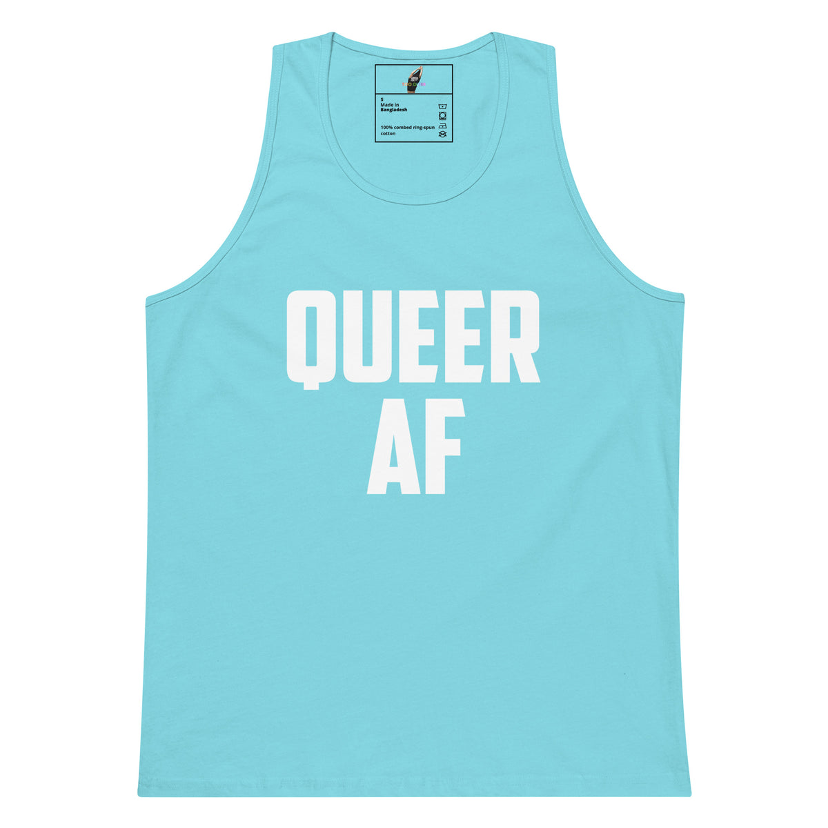 A light blue tank top with the words 'QUEER AF' printed in bold white capital letters across the front, shown on a plain white background.