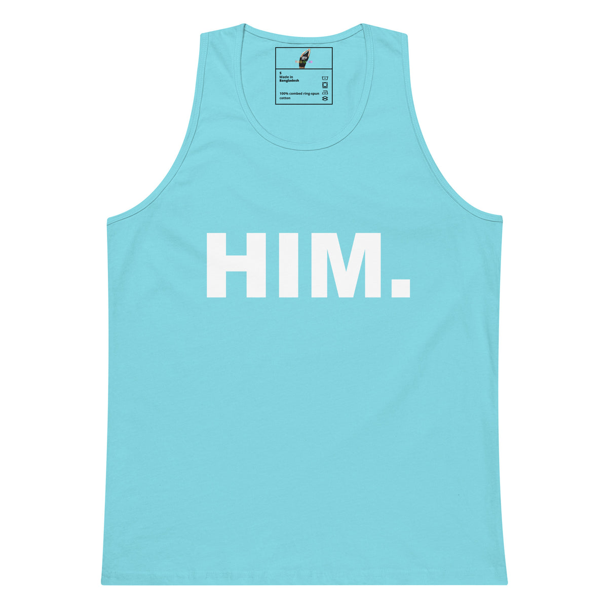 A light blue tank top with the word 'HIM.' printed in bold white capital letters across the chest, shown flat against a plain white background.