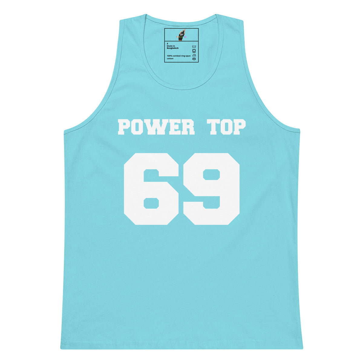 A light blue tank top with 'POWER TOP' and the number '69' printed in white on the front, displayed against a solid white background.