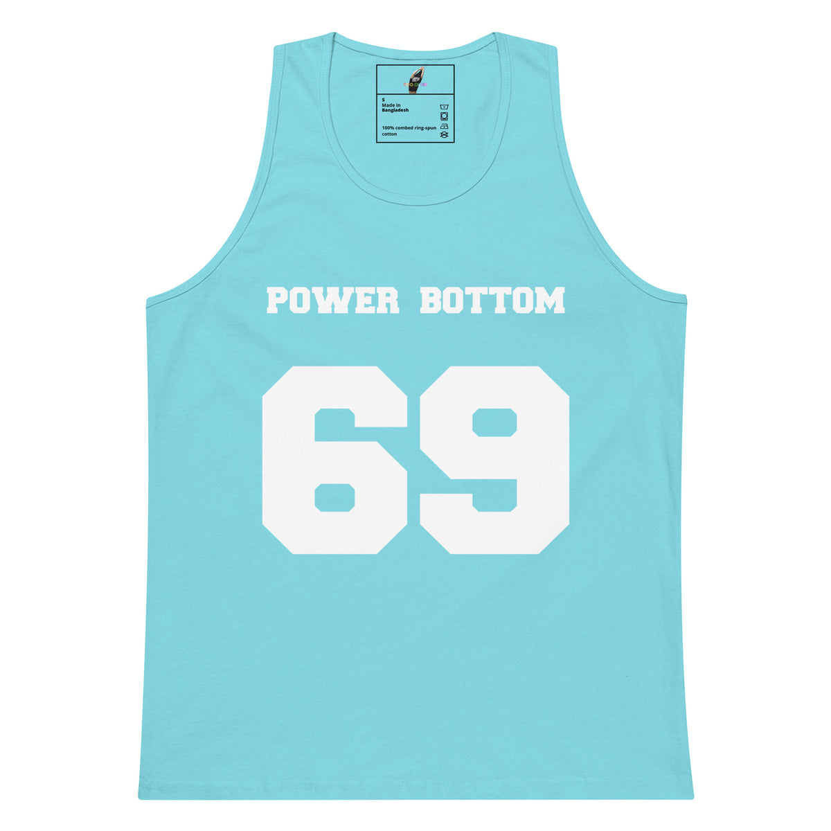 A light blue tank top with 'POWER BOTTOM' and the number '69' printed in white on the front, displayed flat against a white background.